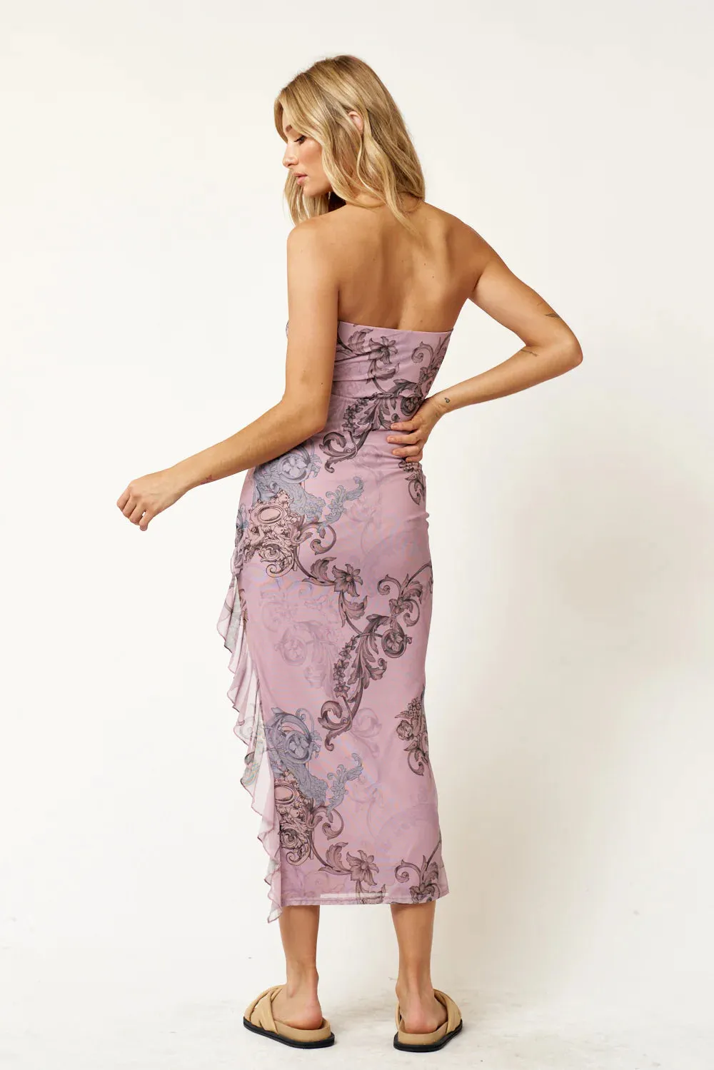 "Celebrated Love" Mauve Floral Tube Maxi Dress w/ Ruffle Detail