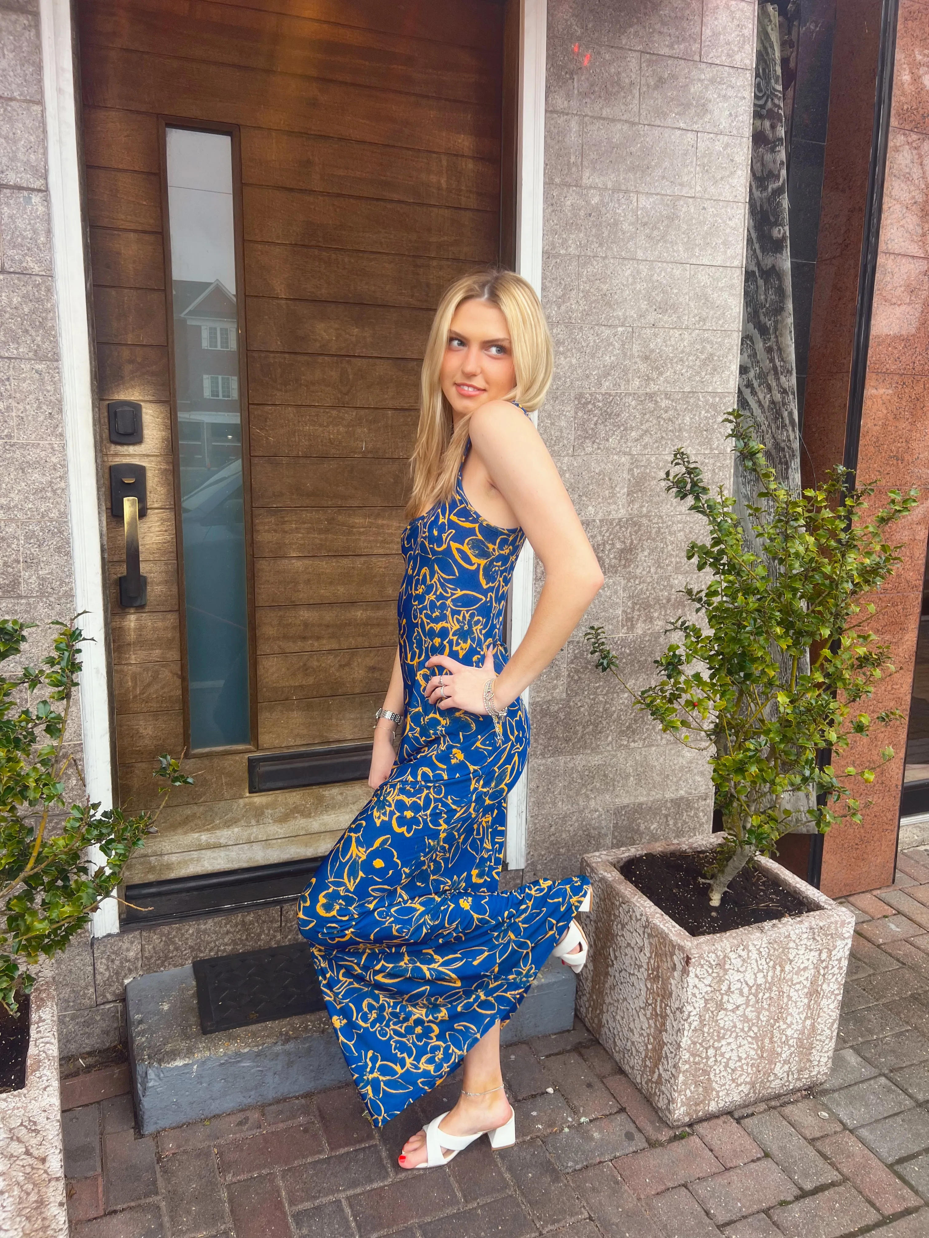 "Ocean Drive" Royal Blue and Gold Flower Print Maxi Dress