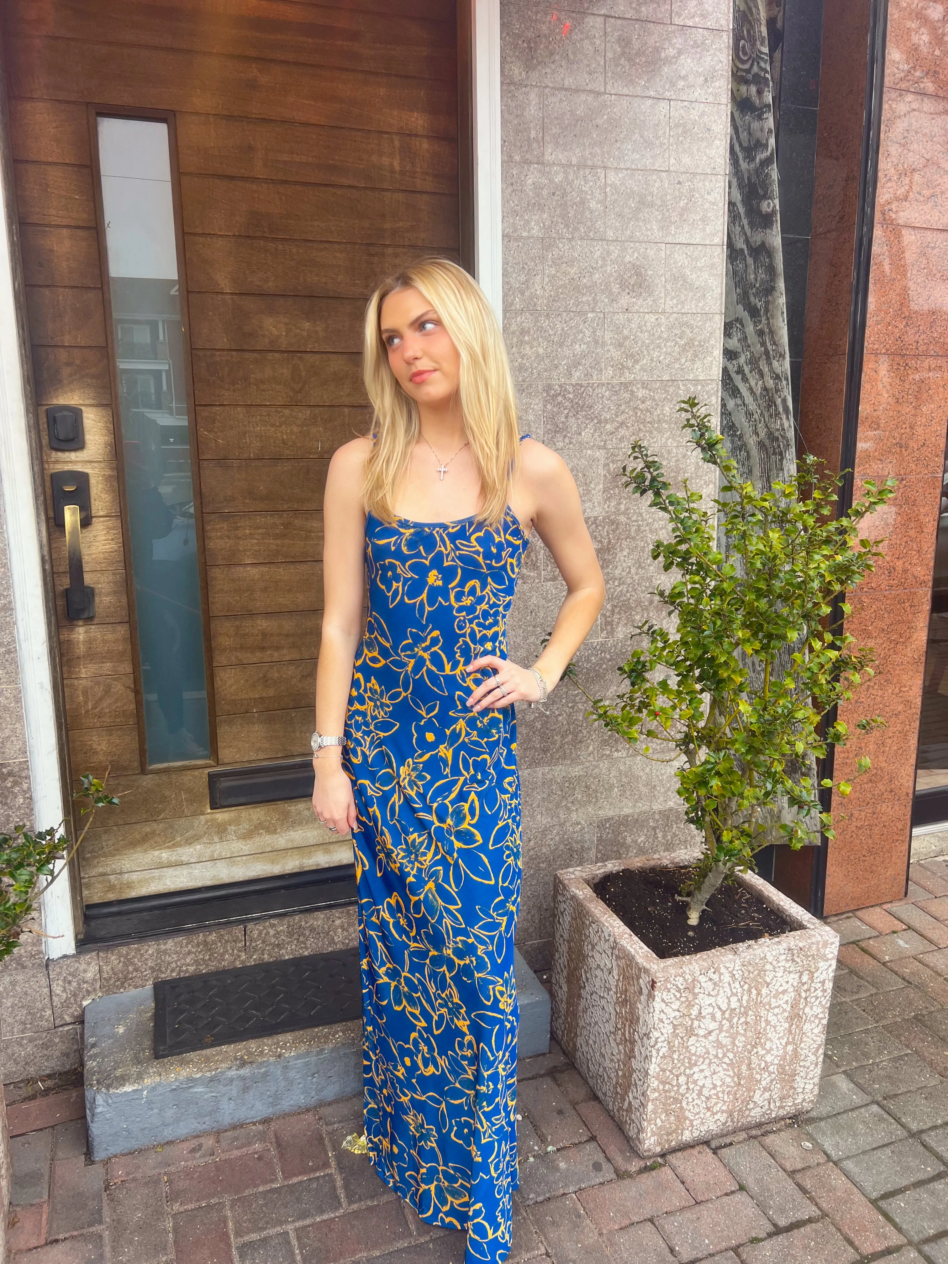 "Ocean Drive" Royal Blue and Gold Flower Print Maxi Dress