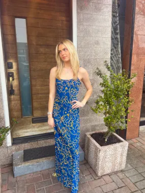 "Ocean Drive" Royal Blue and Gold Flower Print Maxi Dress