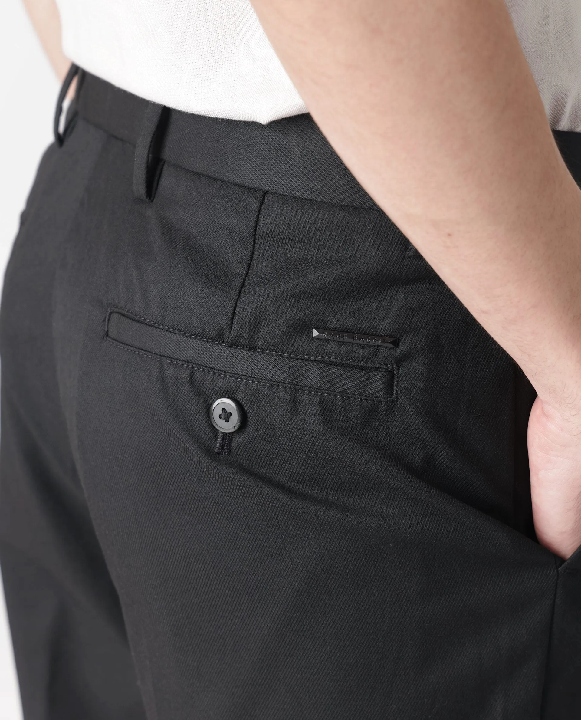 Rare Rabbit Men's Chamer Black Solid Mid-Rise Regular Fit Cavalry Style Trouser