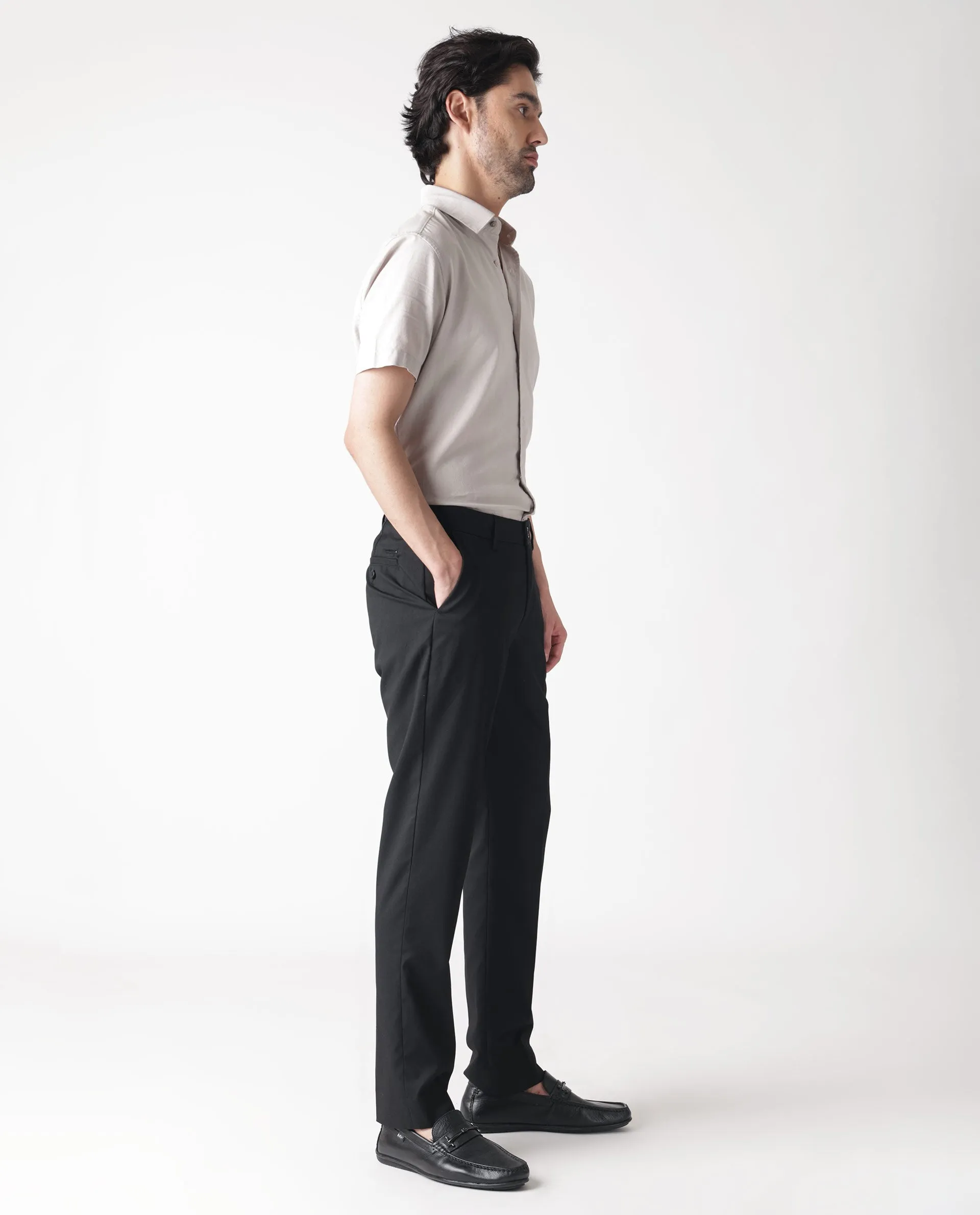 Rare Rabbit Men's Chamer Black Solid Mid-Rise Regular Fit Cavalry Style Trouser