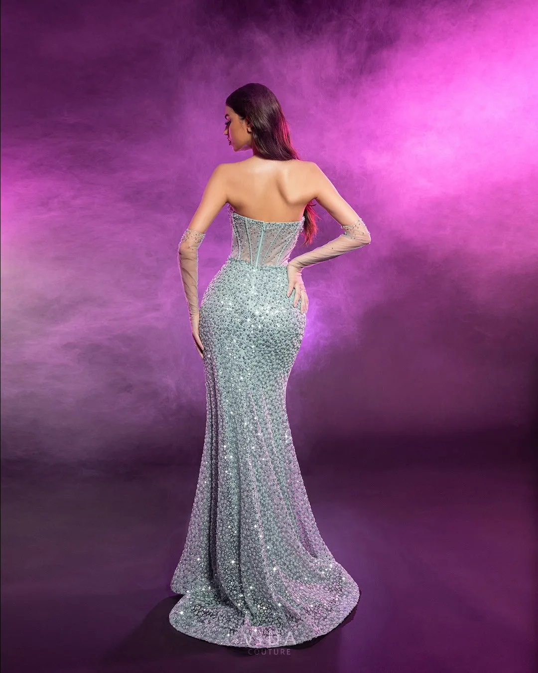 Sequin and beaded mesh corset top sage green dress for hire
