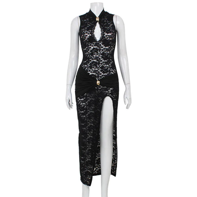 Sexy Cutout Lace Sleeveless High Slit Party Dress
