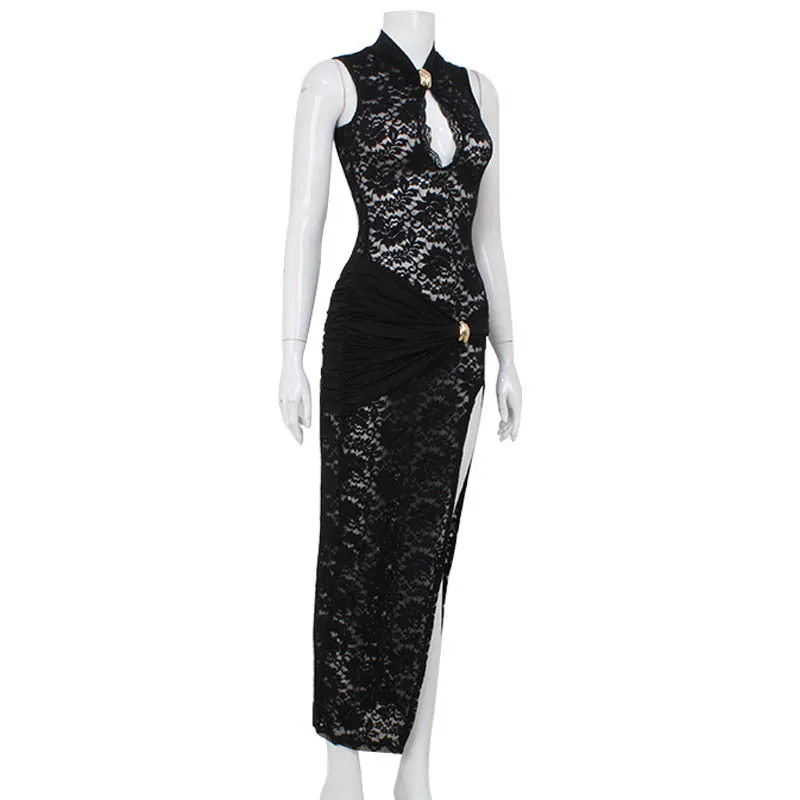 Sexy Cutout Lace Sleeveless High Slit Party Dress