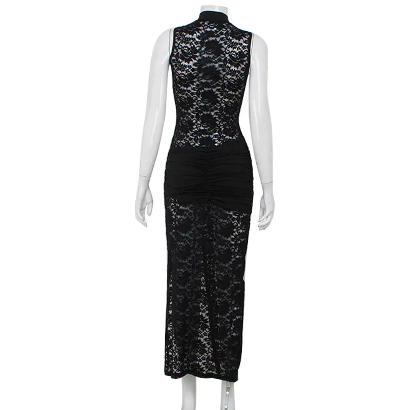 Sexy Cutout Lace Sleeveless High Slit Party Dress