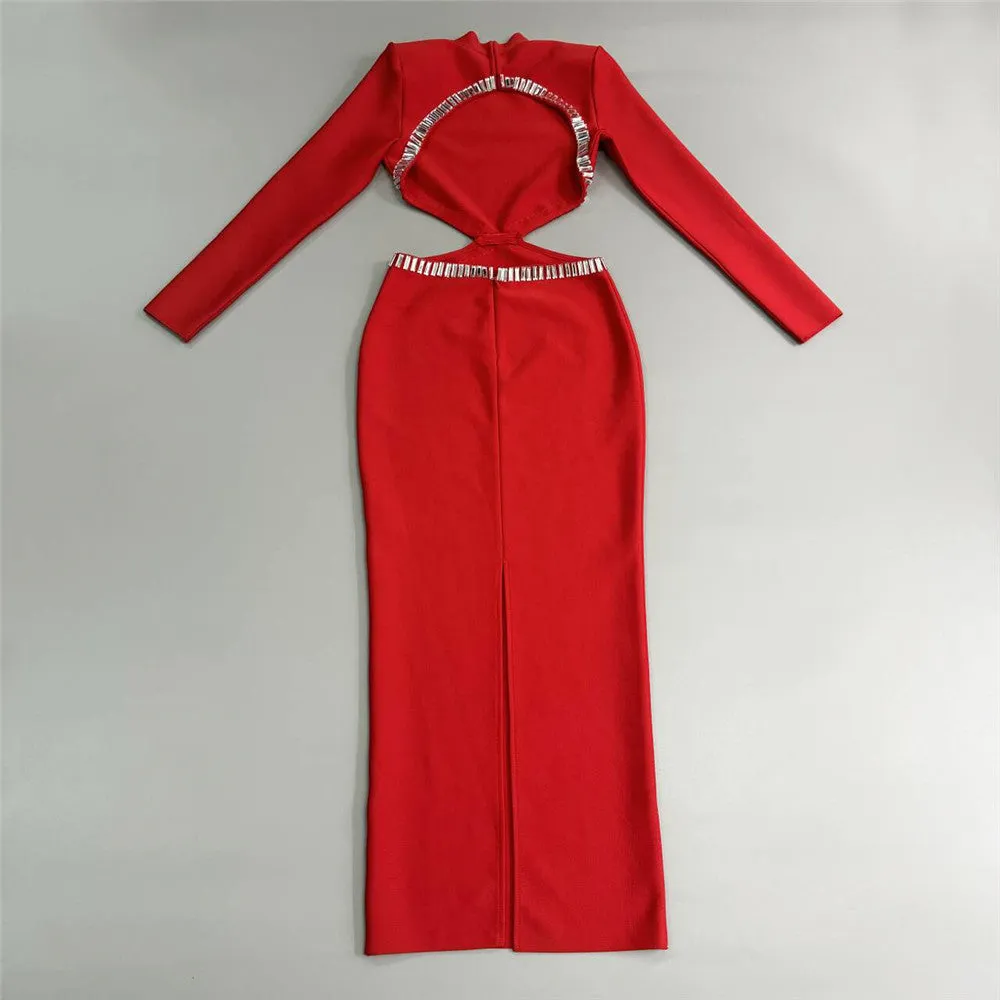 Sexy Cutout Rhinestone Long Sleeve Formal Dress