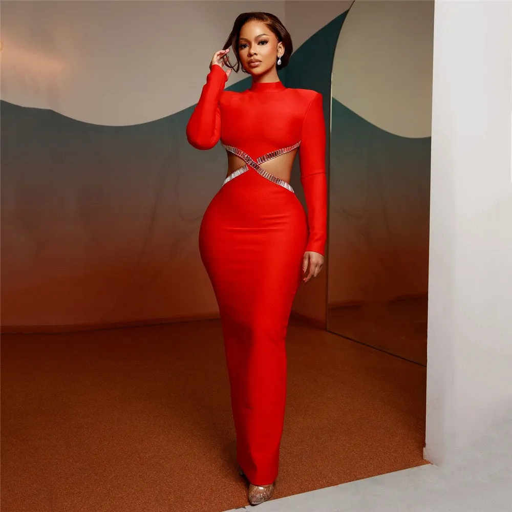 Sexy Cutout Rhinestone Long Sleeve Formal Dress