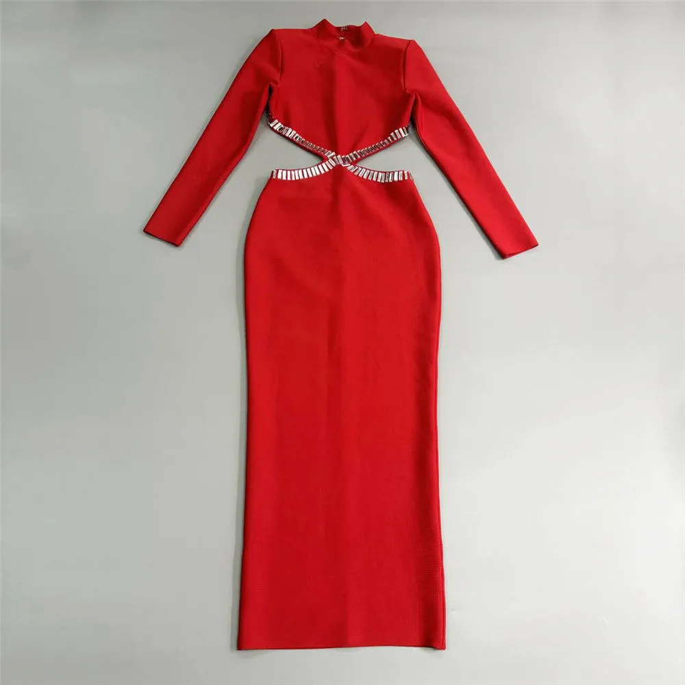 Sexy Cutout Rhinestone Long Sleeve Formal Dress