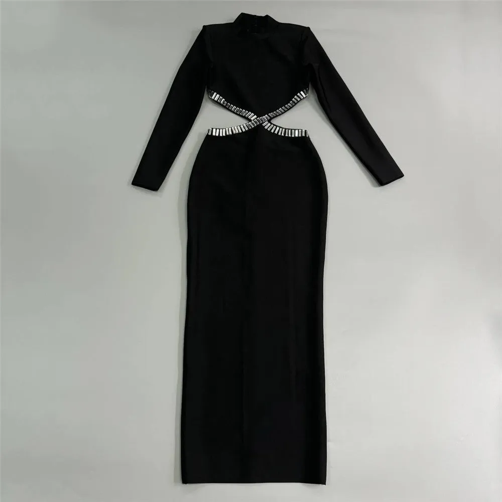 Sexy Cutout Rhinestone Long Sleeve Formal Dress