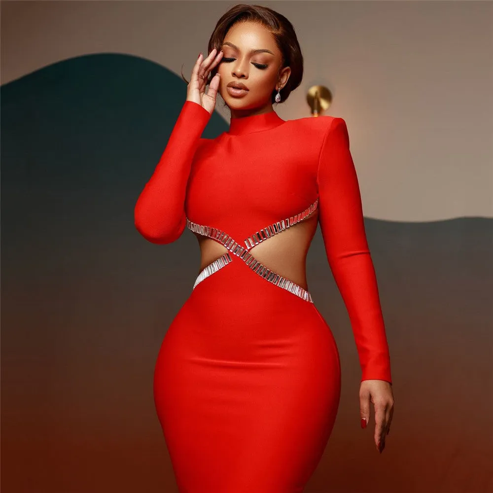 Sexy Cutout Rhinestone Long Sleeve Formal Dress