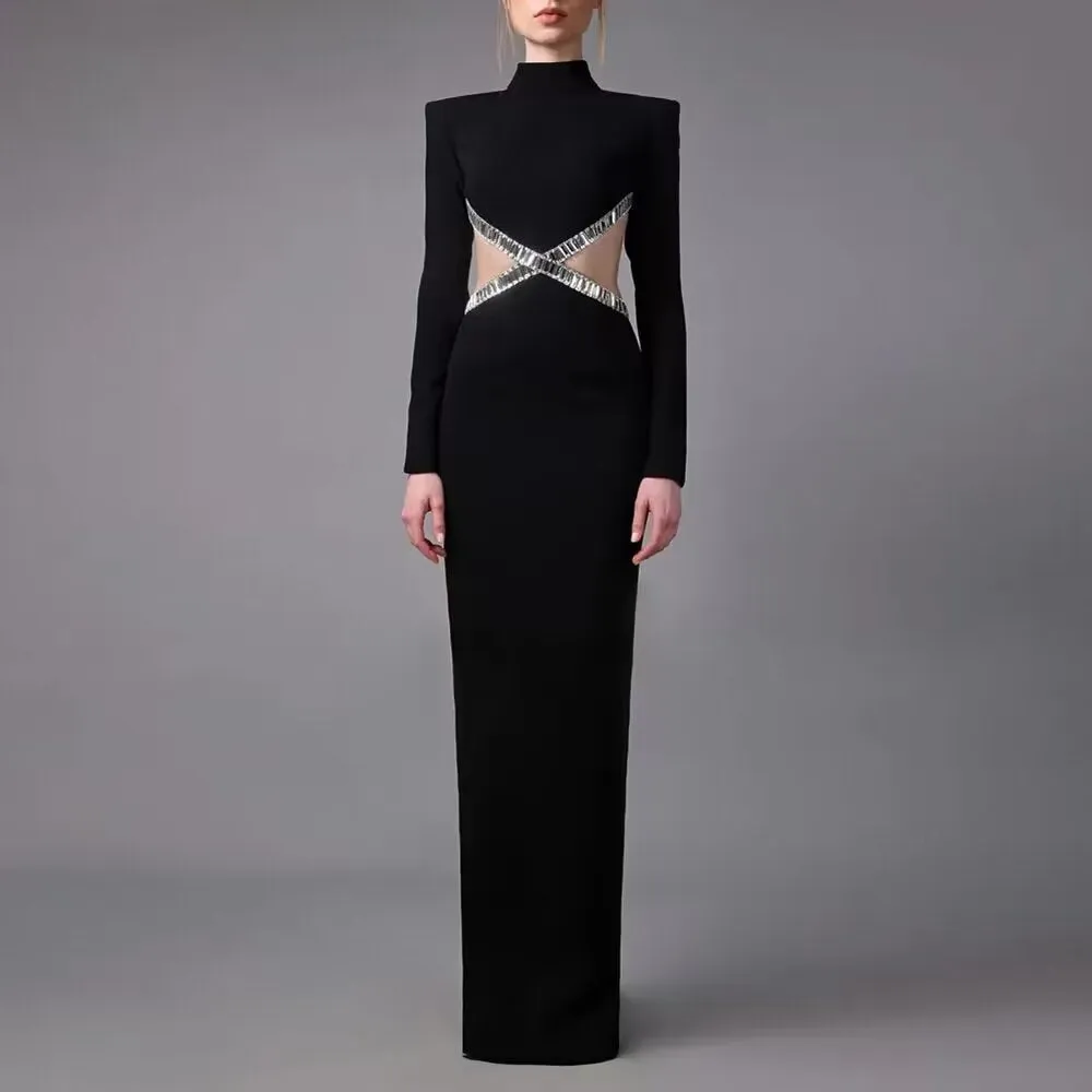 Sexy Cutout Rhinestone Long Sleeve Formal Dress
