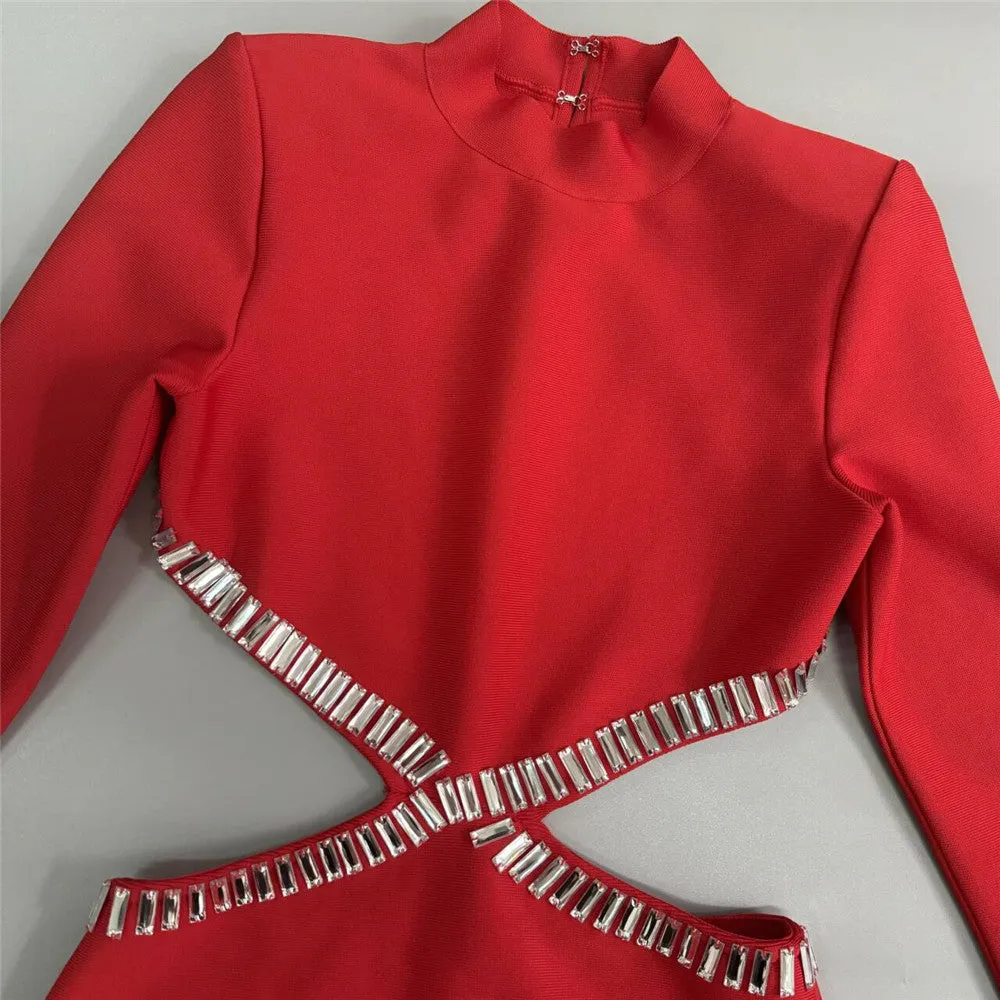 Sexy Cutout Rhinestone Long Sleeve Formal Dress