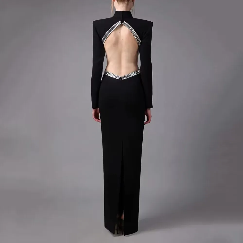 Sexy Cutout Rhinestone Long Sleeve Formal Dress