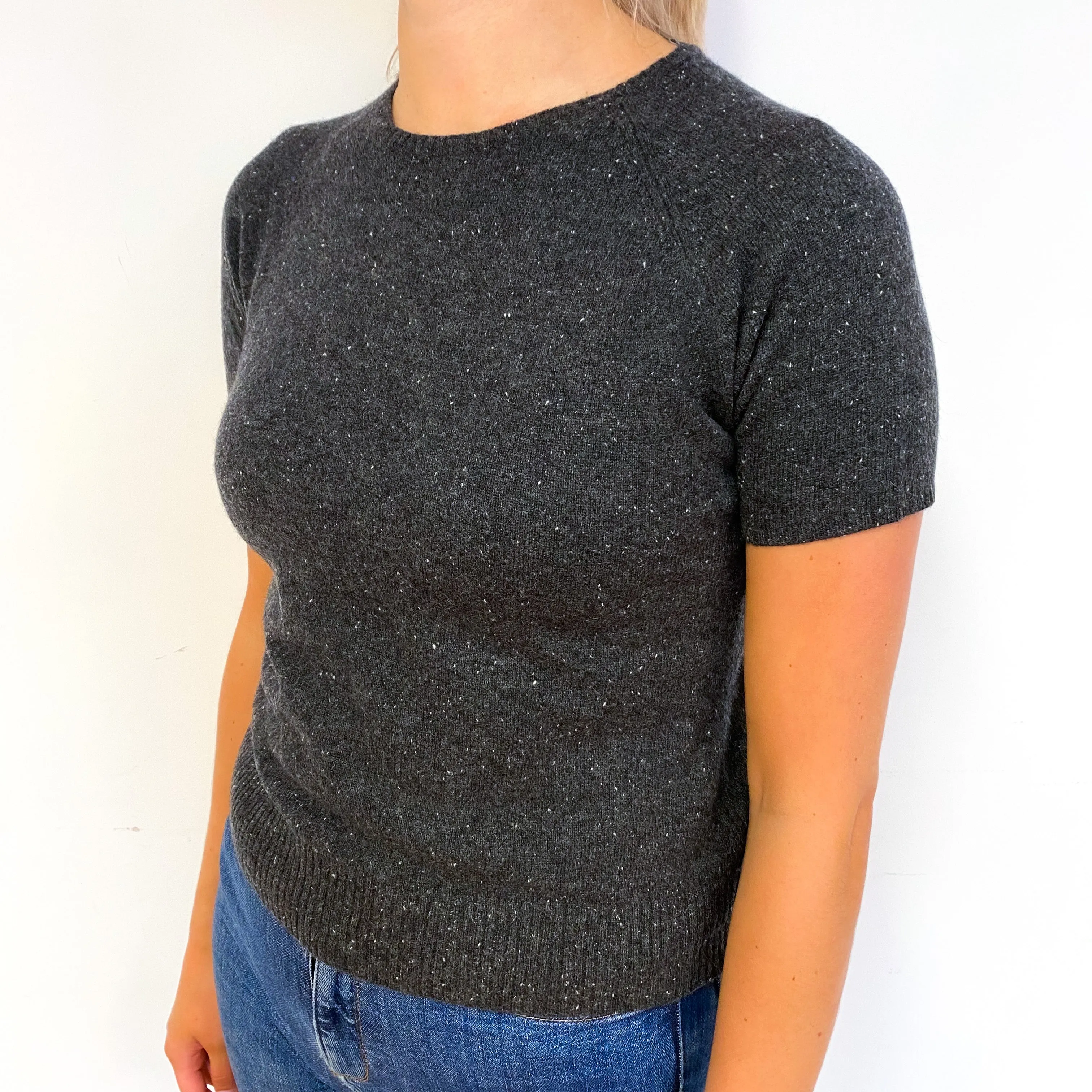 Slate Grey Flecked Cashmere Short Sleeve Jumper Small