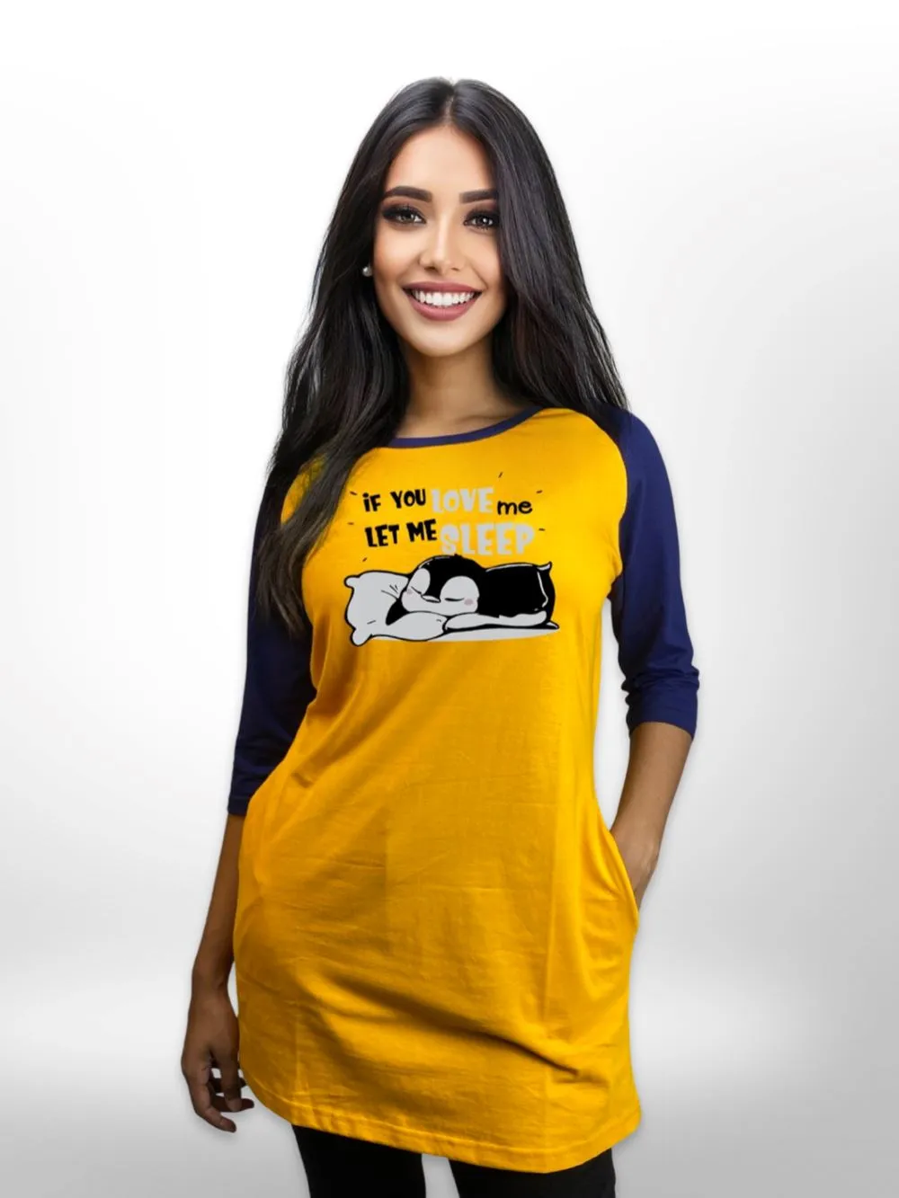 Sleepy Pet Raglan Sleeve Side Pocket Womens Printed Long T-shirt
