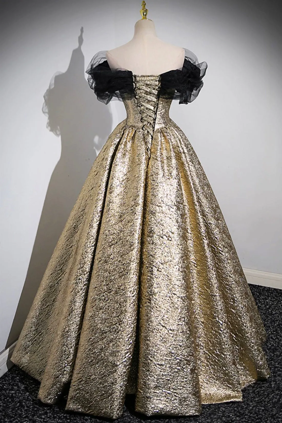 Sparkly Black and Gold Glitter Prom Dresses Ball Gown, Off the Shoulder Evening Party Dress