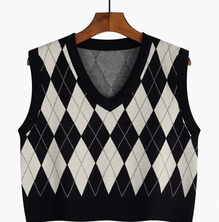 Stylish Women’s Plaid Vest – Knitted Sleeveless Crop Top for Autumn Outfits