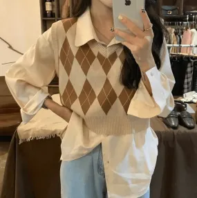 Stylish Women’s Plaid Vest – Knitted Sleeveless Crop Top for Autumn Outfits
