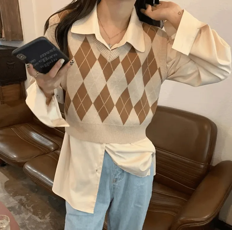 Stylish Women’s Plaid Vest – Knitted Sleeveless Crop Top for Autumn Outfits