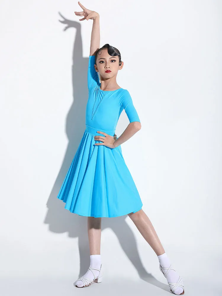 Summer Round Neck Elastic Waist Pleated Skirt Latin Dance Suit