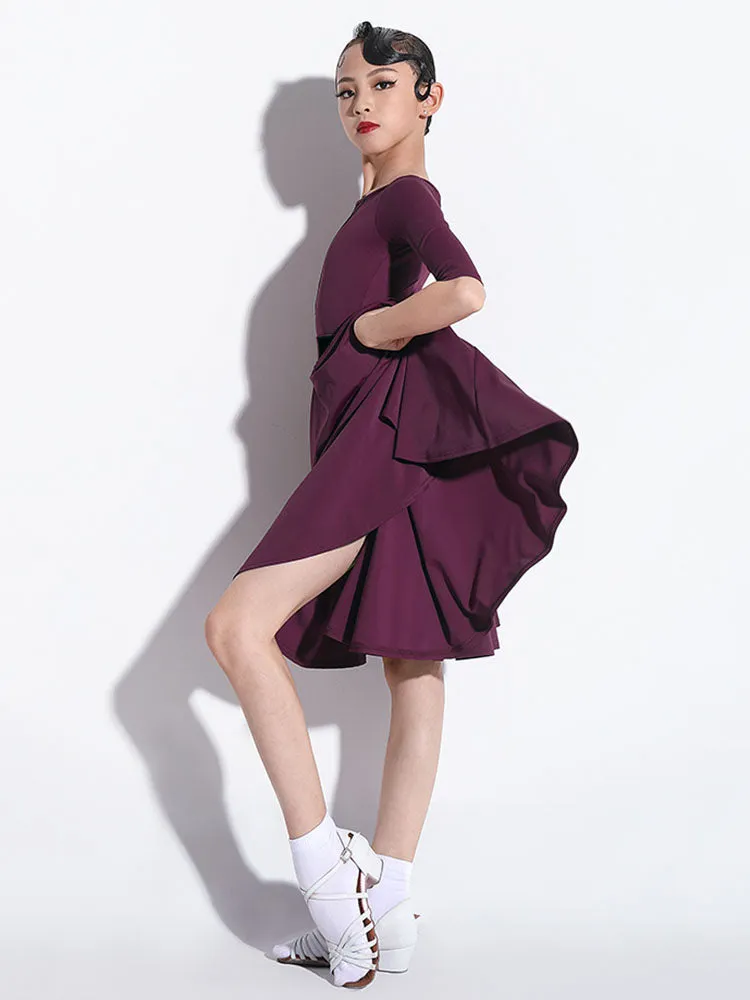 Summer Round Neck Elastic Waist Pleated Skirt Latin Dance Suit