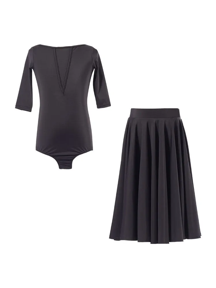 Summer Round Neck Elastic Waist Pleated Skirt Latin Dance Suit