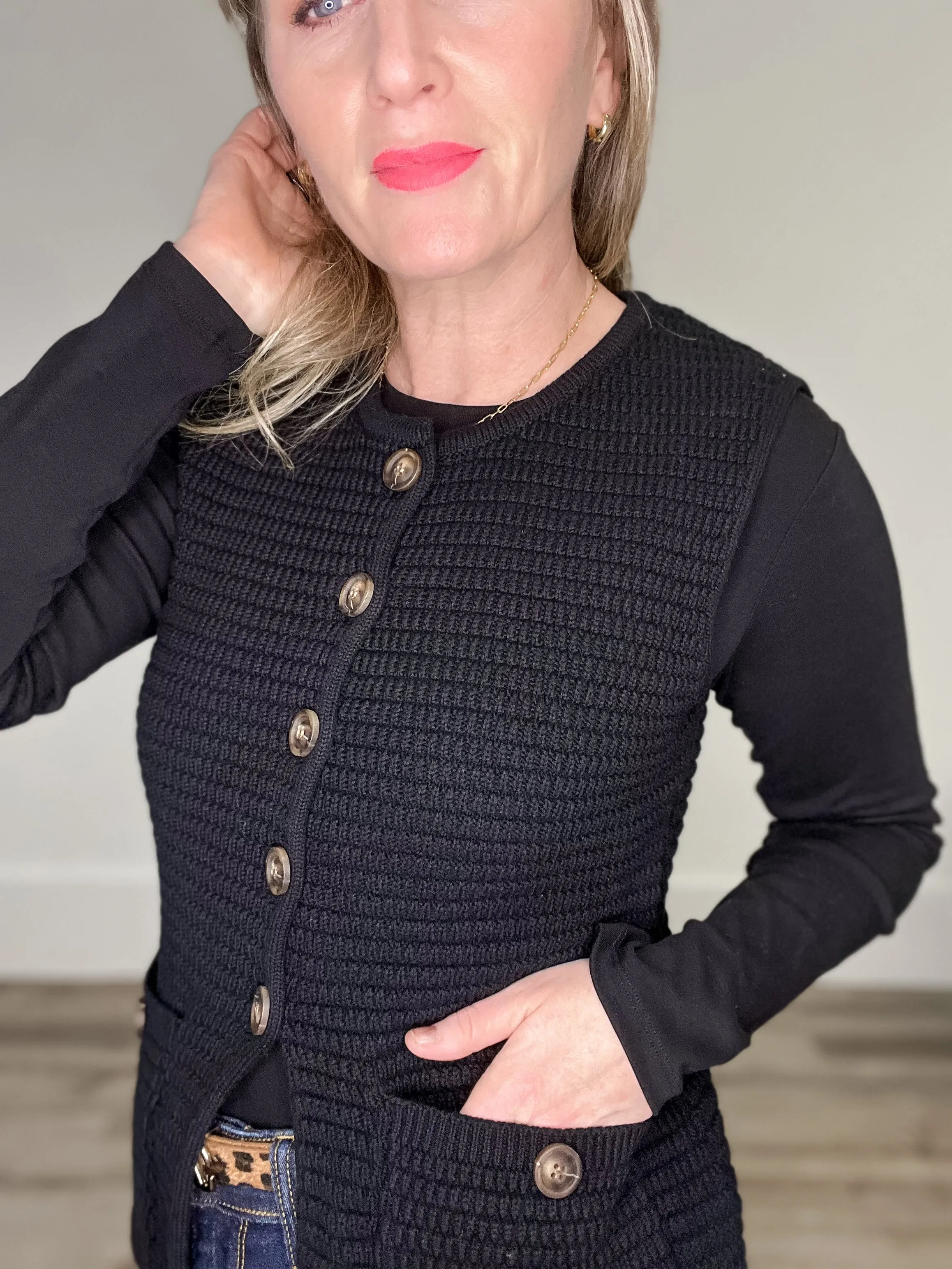 Sweater Button Down Vest - Black