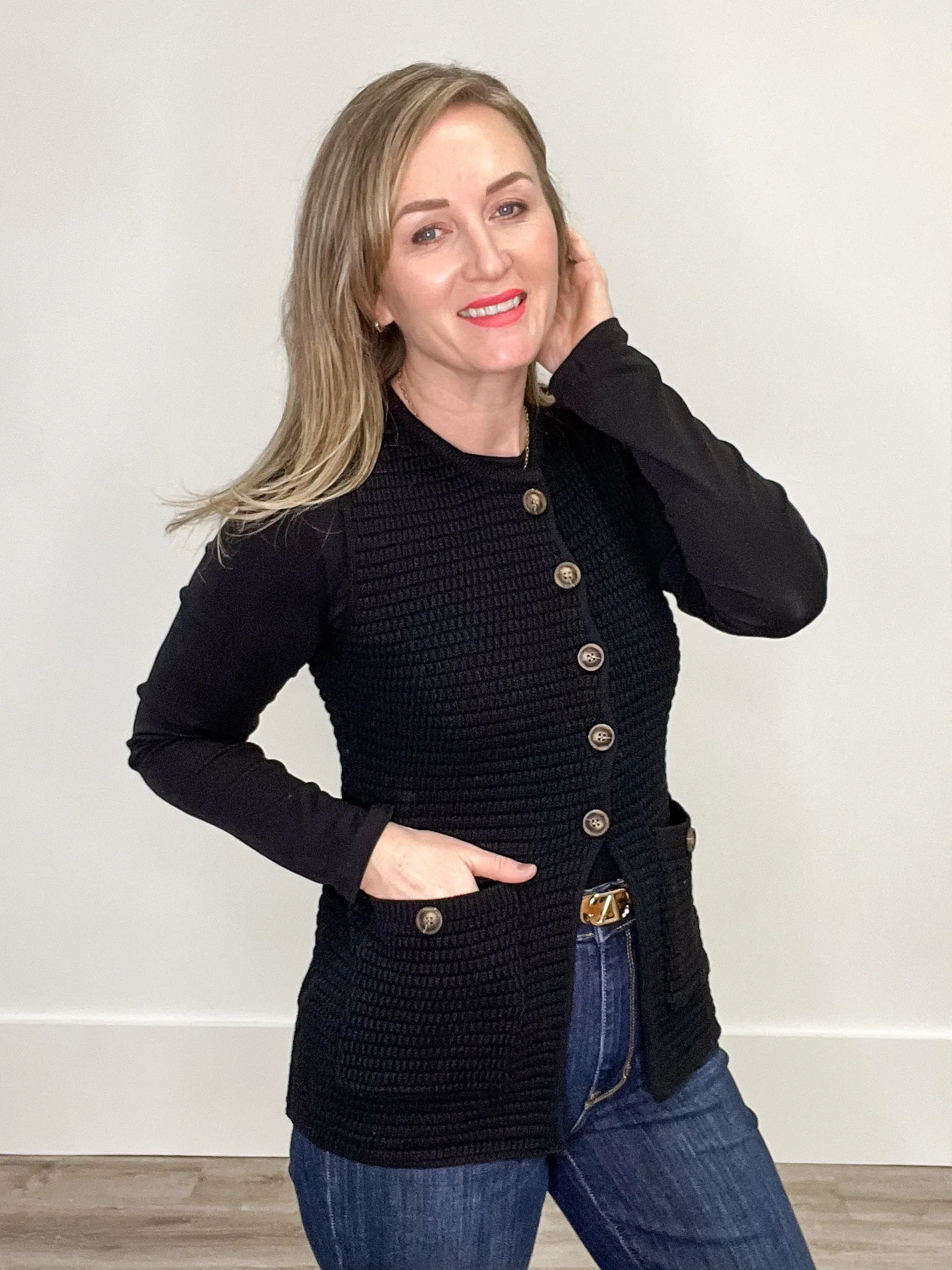 Sweater Button Down Vest - Black