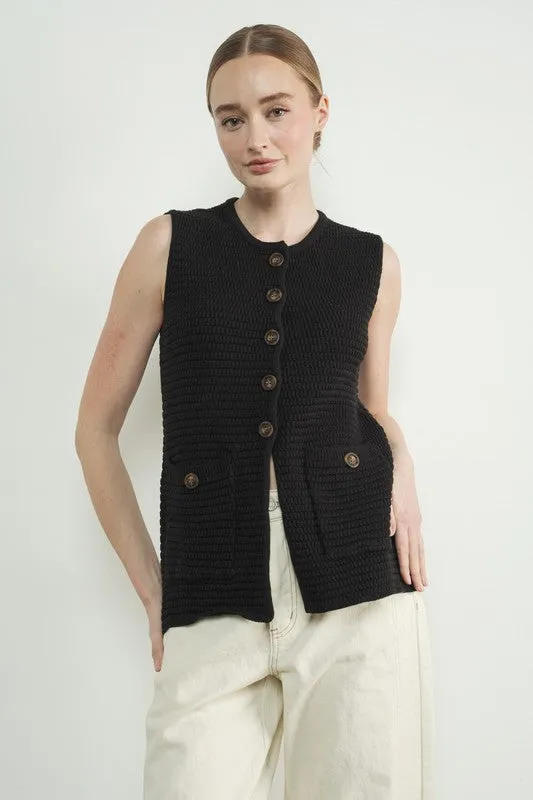 Sweater Button Down Vest - Black