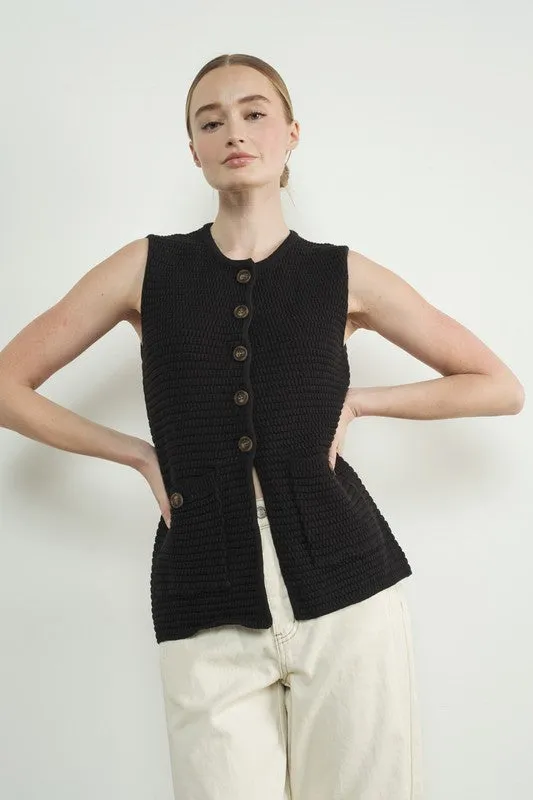 Sweater Button Down Vest - Black