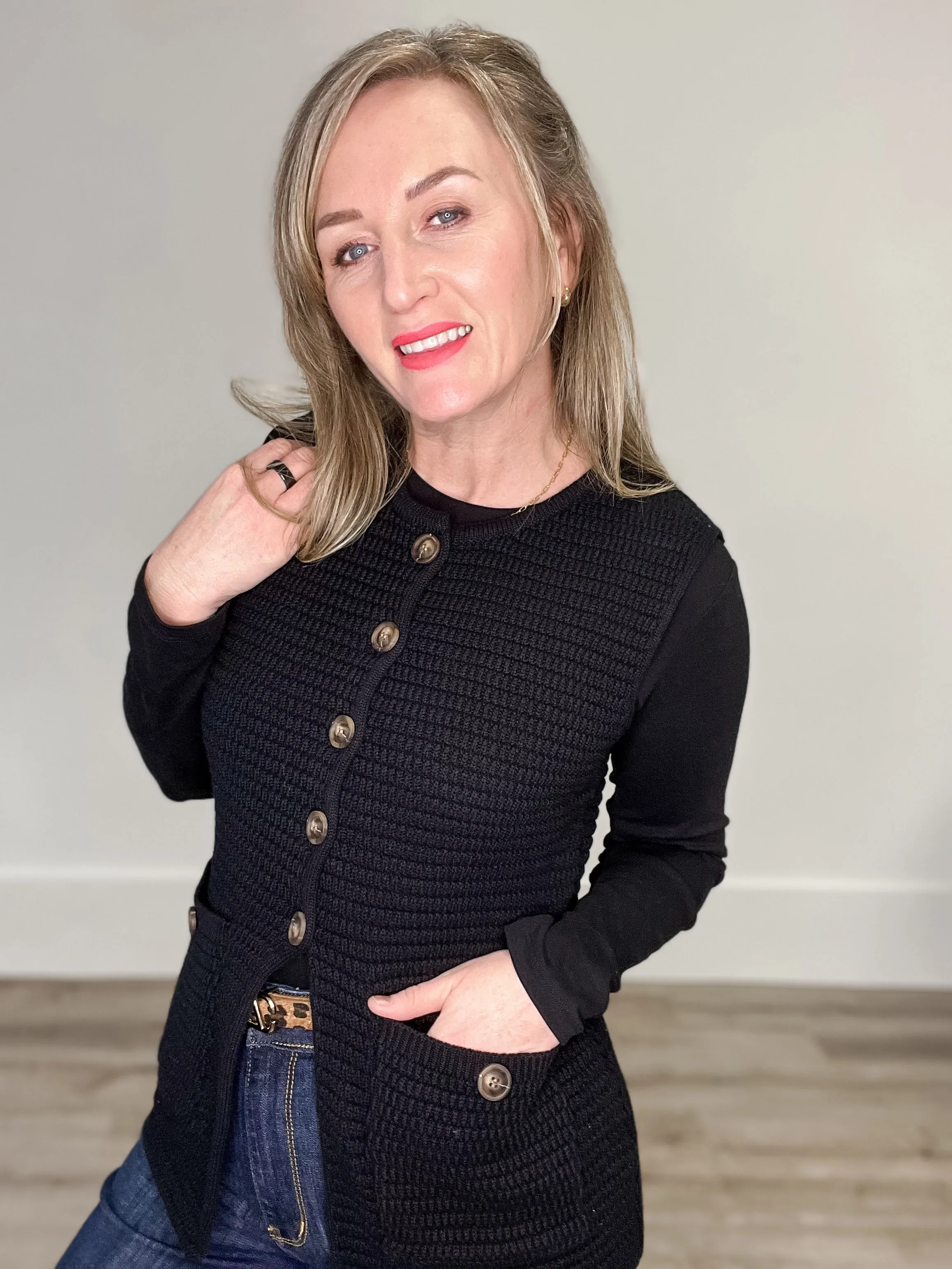 Sweater Button Down Vest - Black