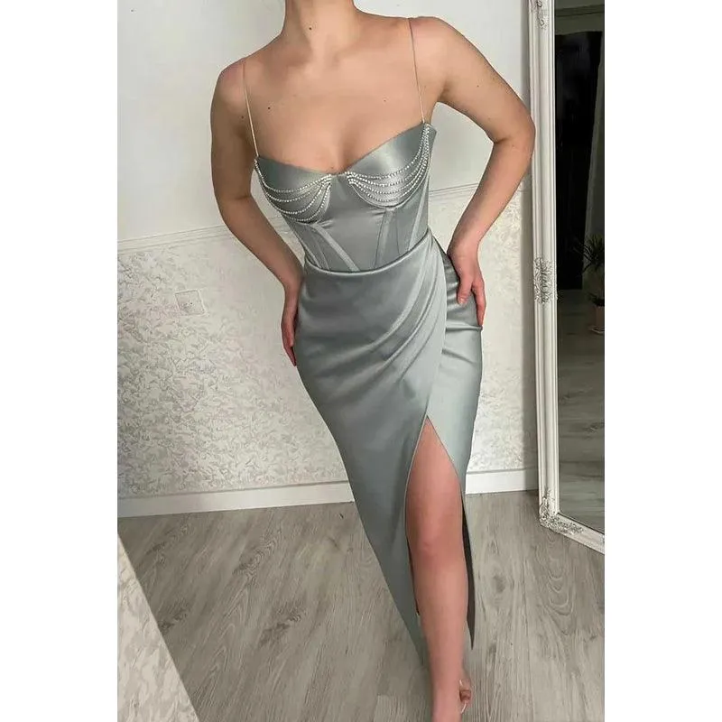 Sweetheart Spaghetti Straps Beaded Ruched Prom Dress With Slit