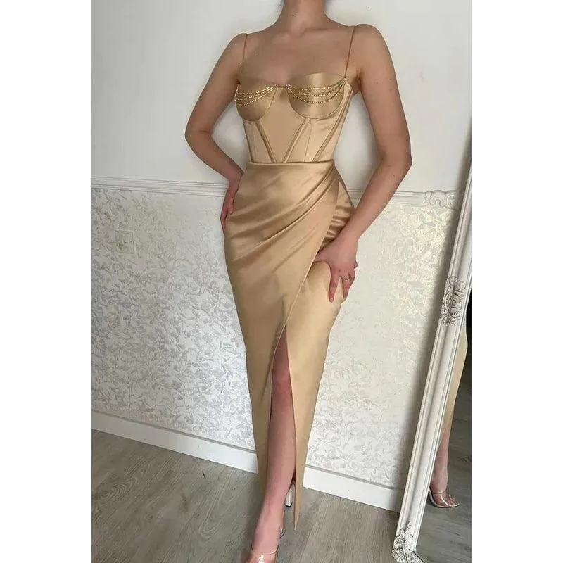 Sweetheart Spaghetti Straps Beaded Ruched Prom Dress With Slit