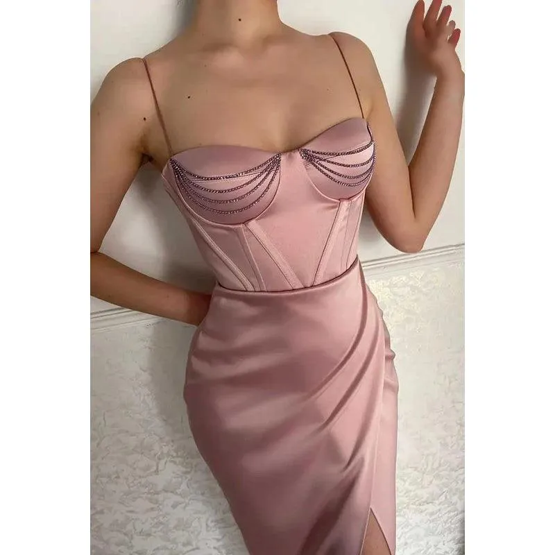 Sweetheart Spaghetti Straps Beaded Ruched Prom Dress With Slit