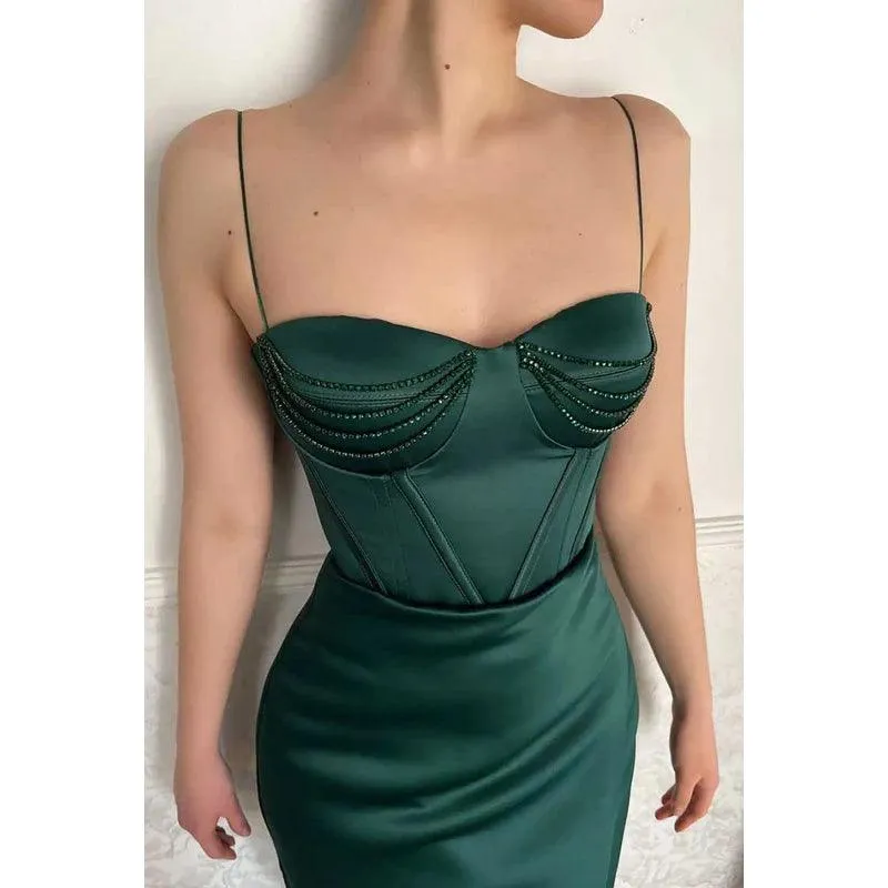 Sweetheart Spaghetti Straps Beaded Ruched Prom Dress With Slit