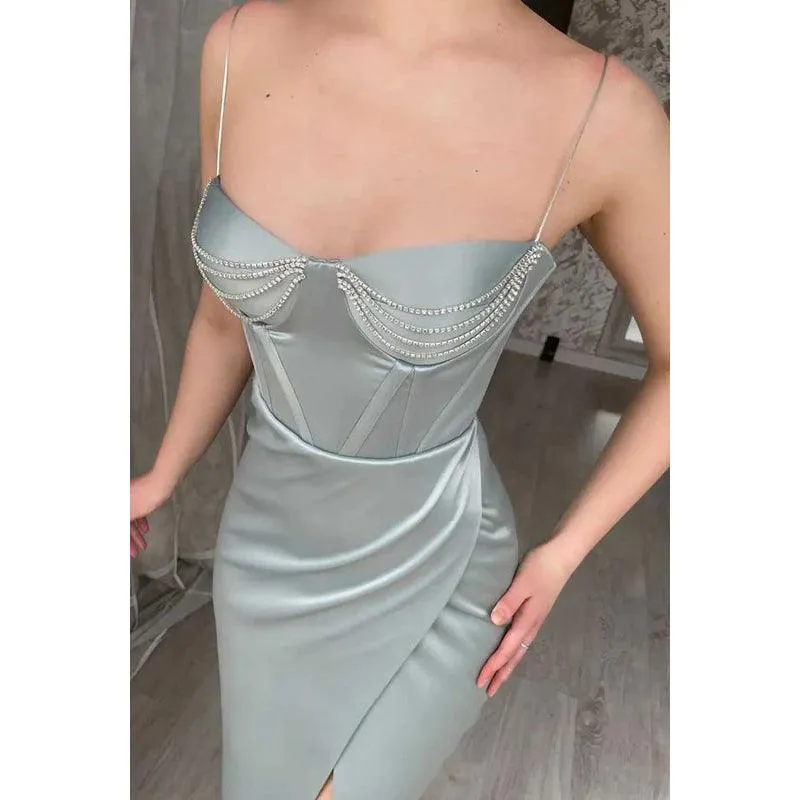 Sweetheart Spaghetti Straps Beaded Ruched Prom Dress With Slit