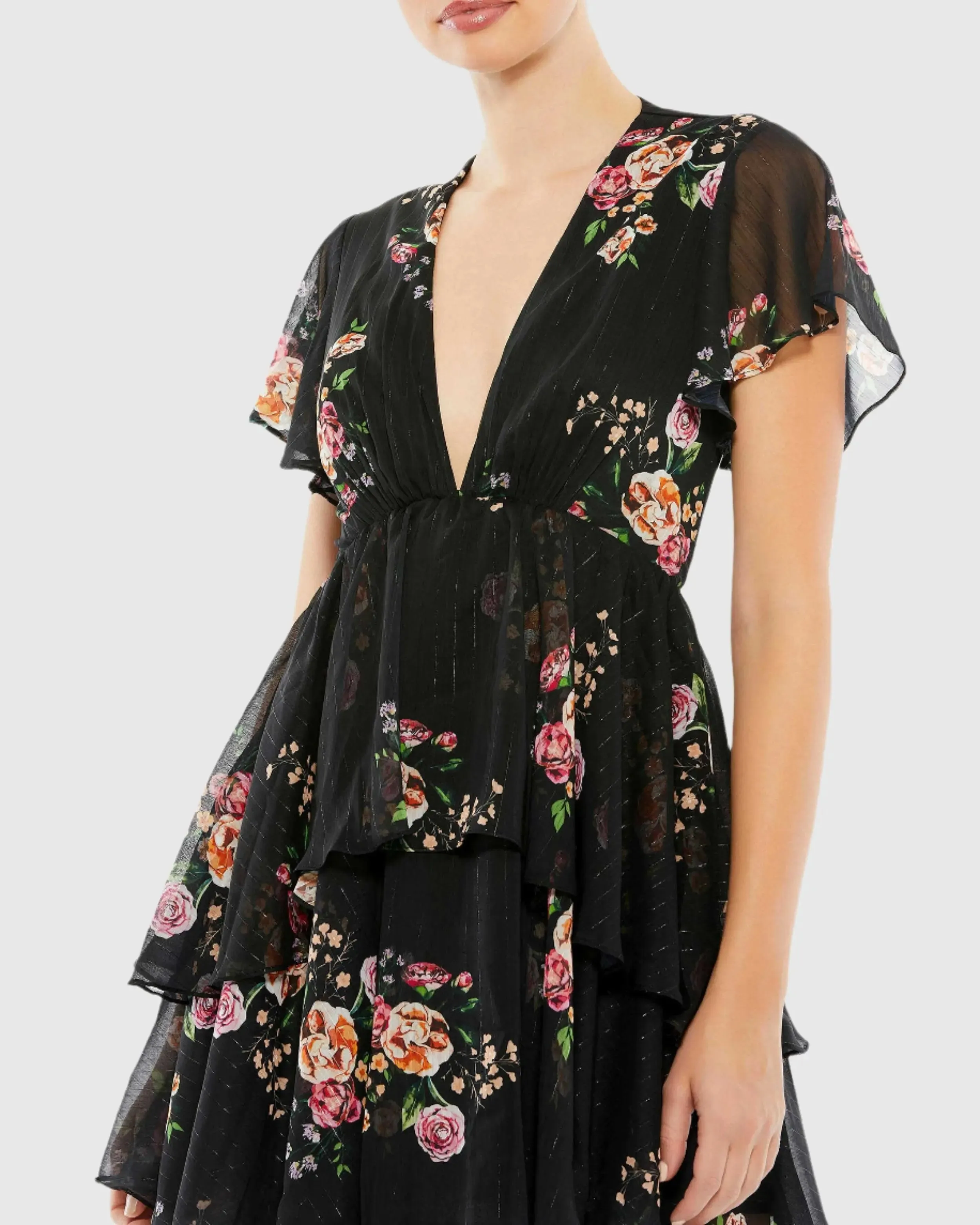Tiered Ruffle Floral Print V Neck Butterfly Sleeve