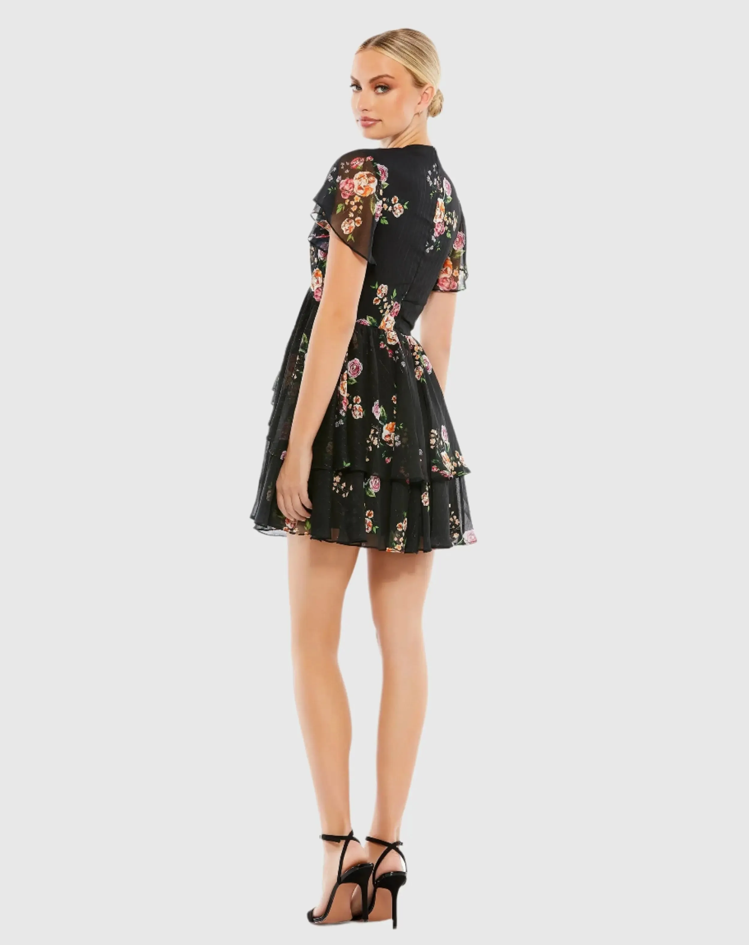 Tiered Ruffle Floral Print V Neck Butterfly Sleeve