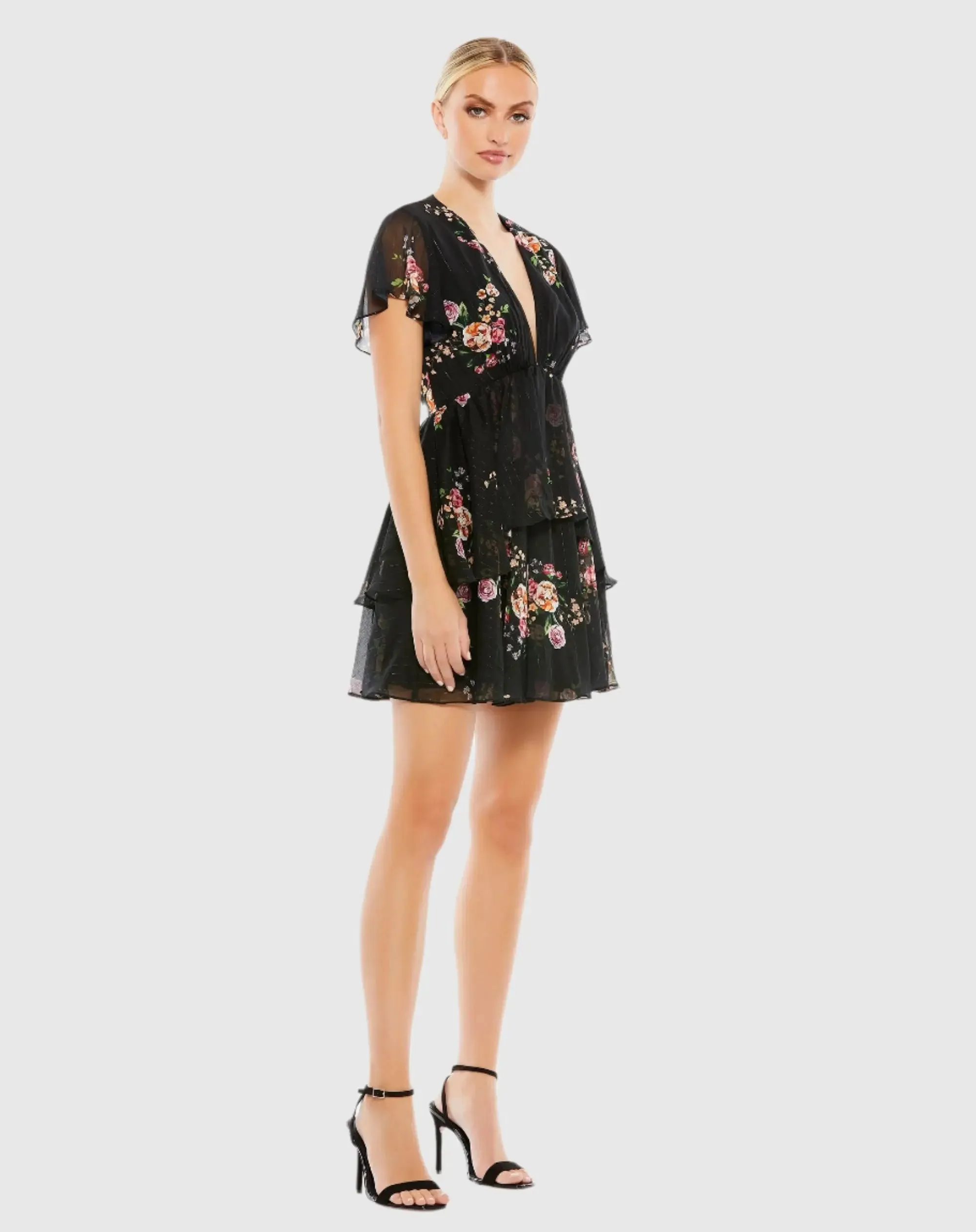 Tiered Ruffle Floral Print V Neck Butterfly Sleeve