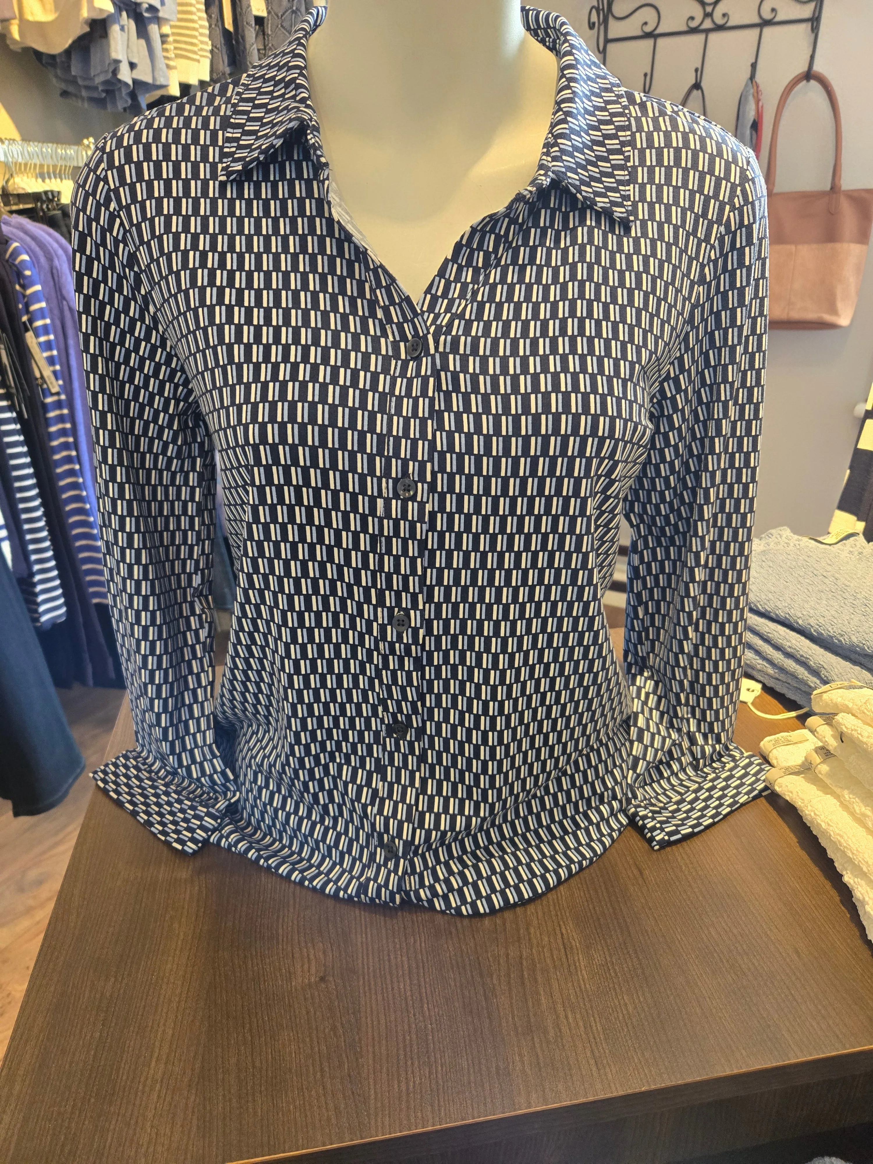 Tom Tailor Printed Navy, Blue & White Print Button Front Polo Shirt