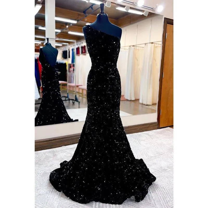 Unique One Shoulder Sequins Burgundy Prom Dress Glitter