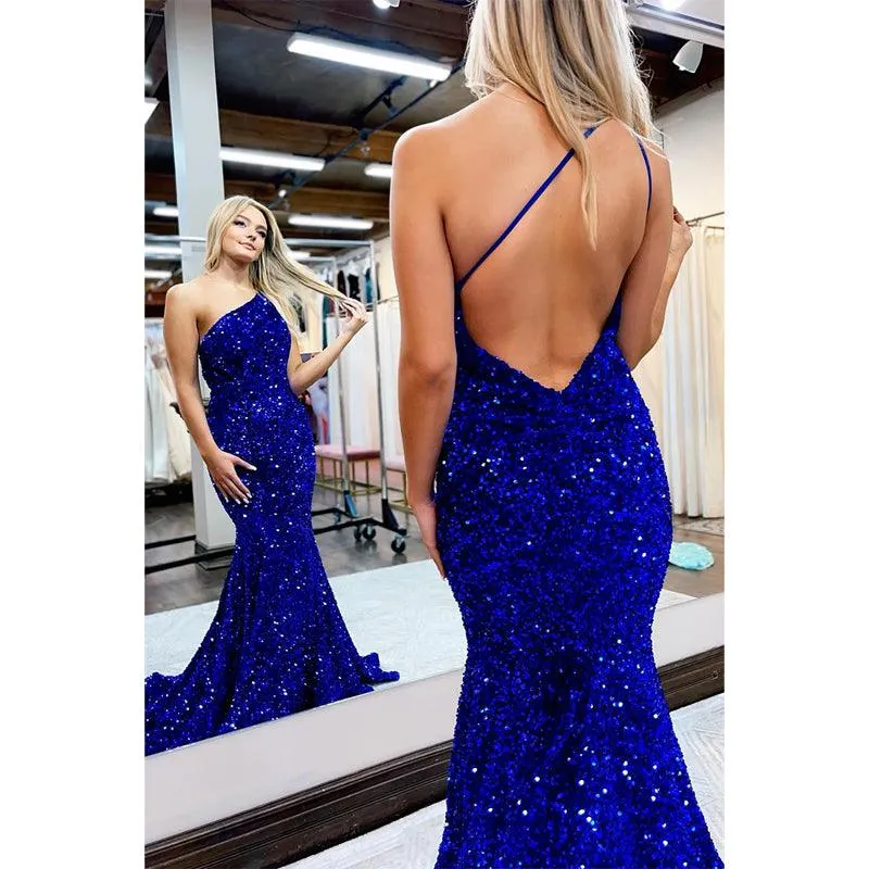Unique One Shoulder Sequins Burgundy Prom Dress Glitter