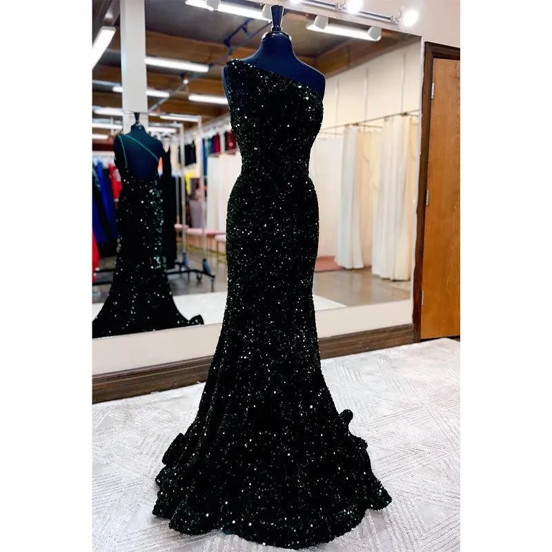 Unique One Shoulder Sequins Burgundy Prom Dress Glitter