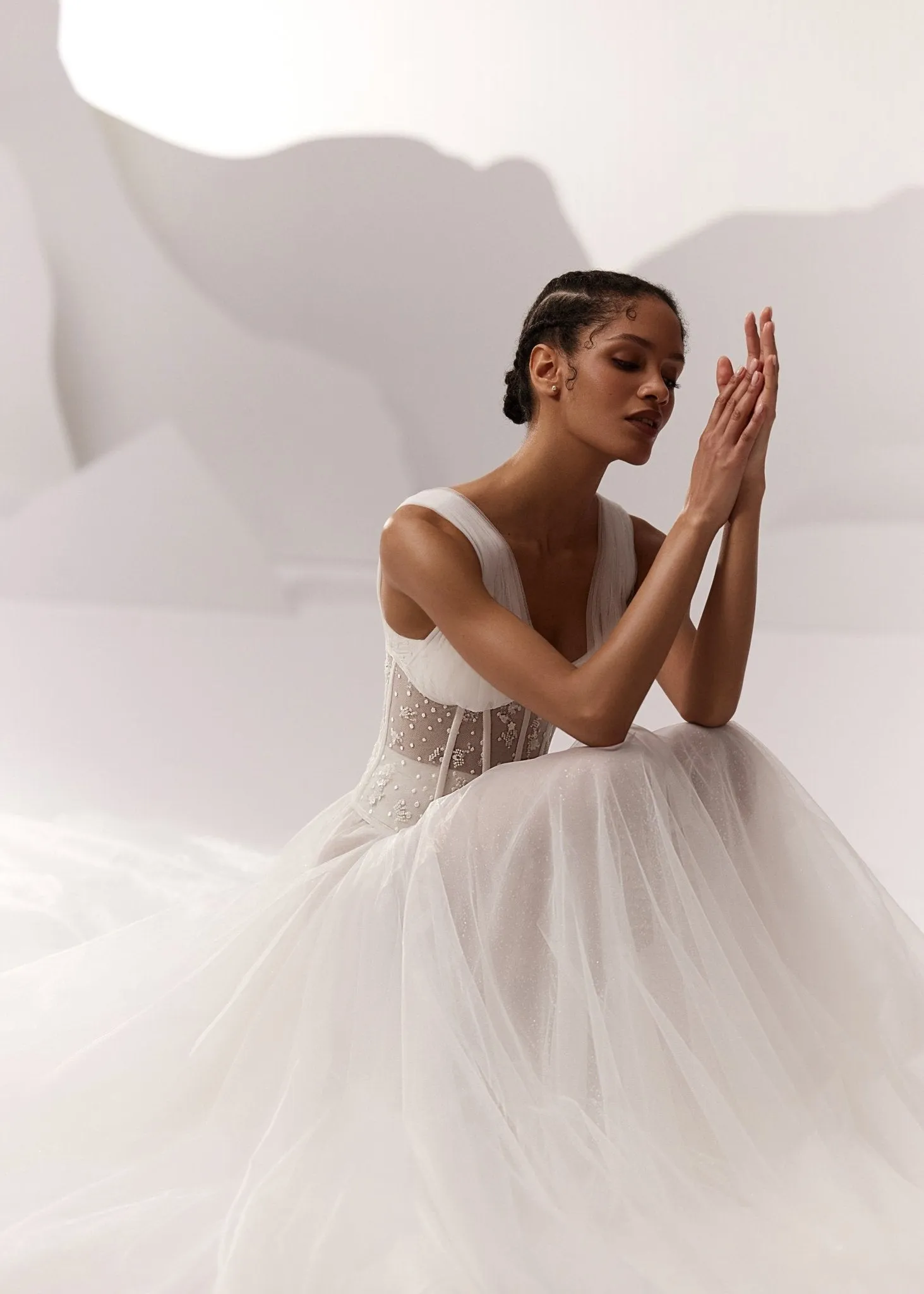 White Corset Bodice Tulle Wedding Dress with Plunging Neckline and Long Train - Plus Size