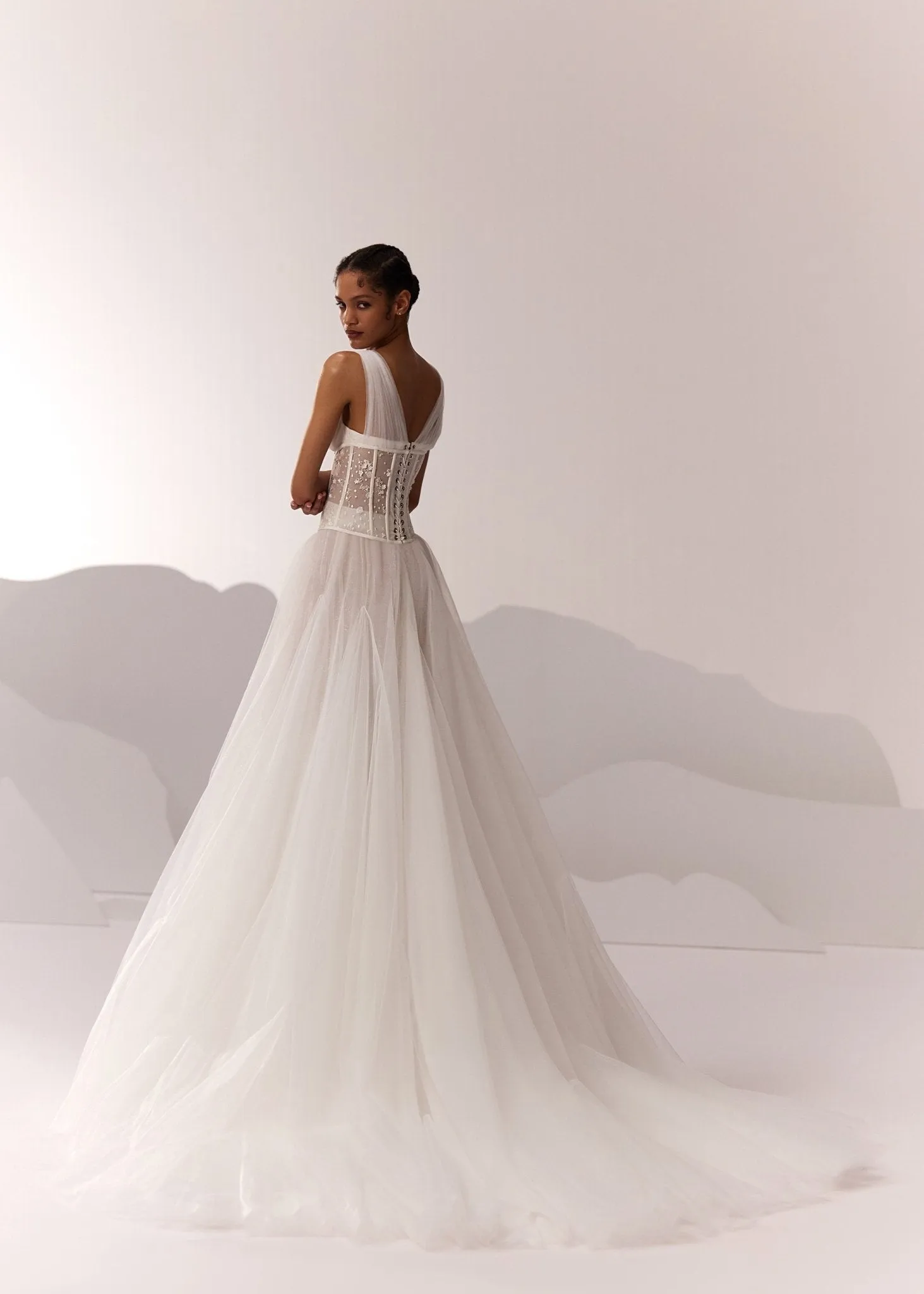 White Corset Bodice Tulle Wedding Dress with Plunging Neckline and Long Train - Plus Size