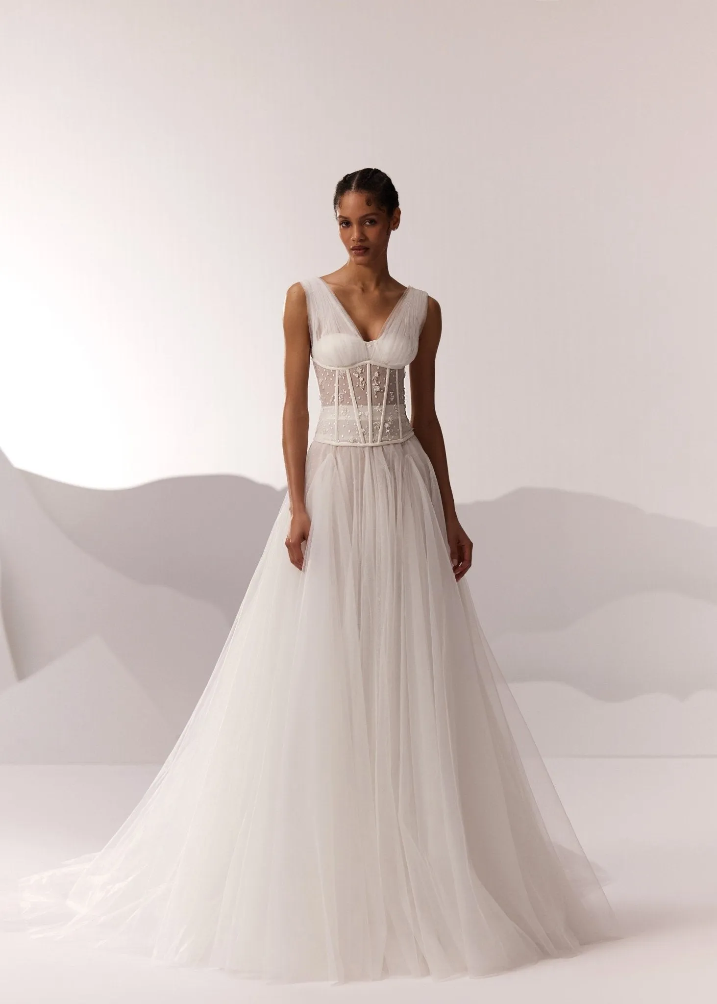 White Corset Bodice Tulle Wedding Dress with Plunging Neckline and Long Train - Plus Size