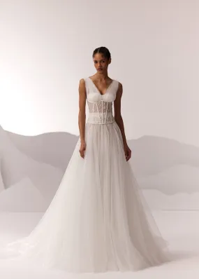 White Corset Bodice Tulle Wedding Dress with Plunging Neckline and Long Train - Plus Size
