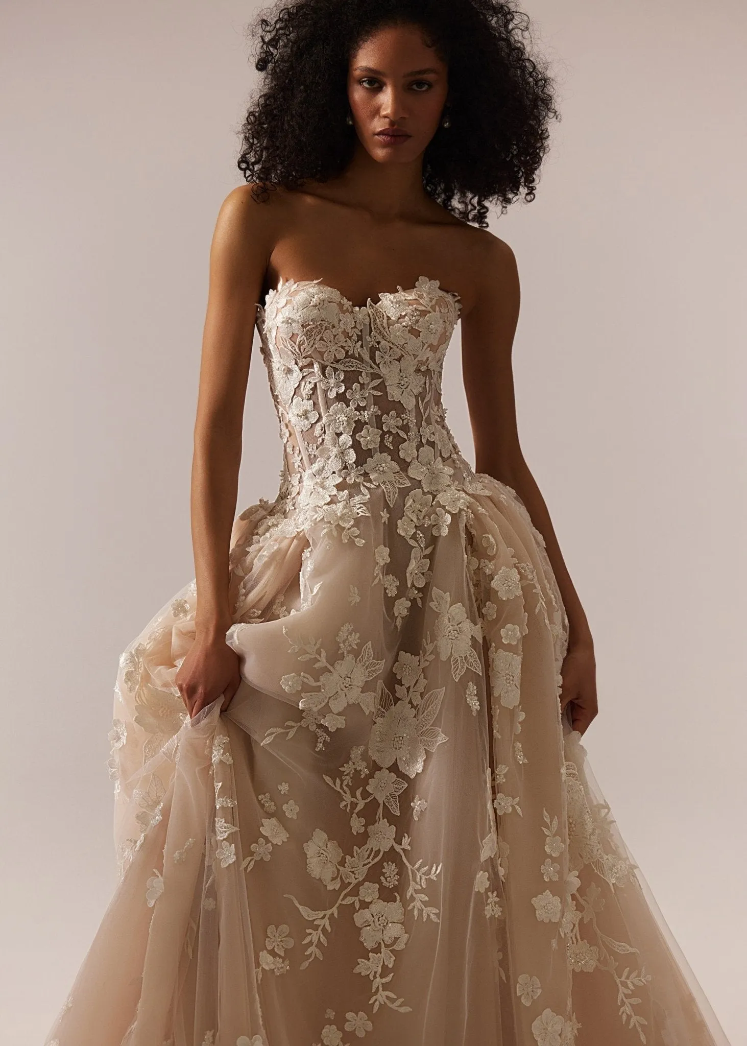 White Floral Appliqué Wedding Dress with Sheer Long Sleeves, Off-Shoulder Draping and Floor-Length Train - Plus Size