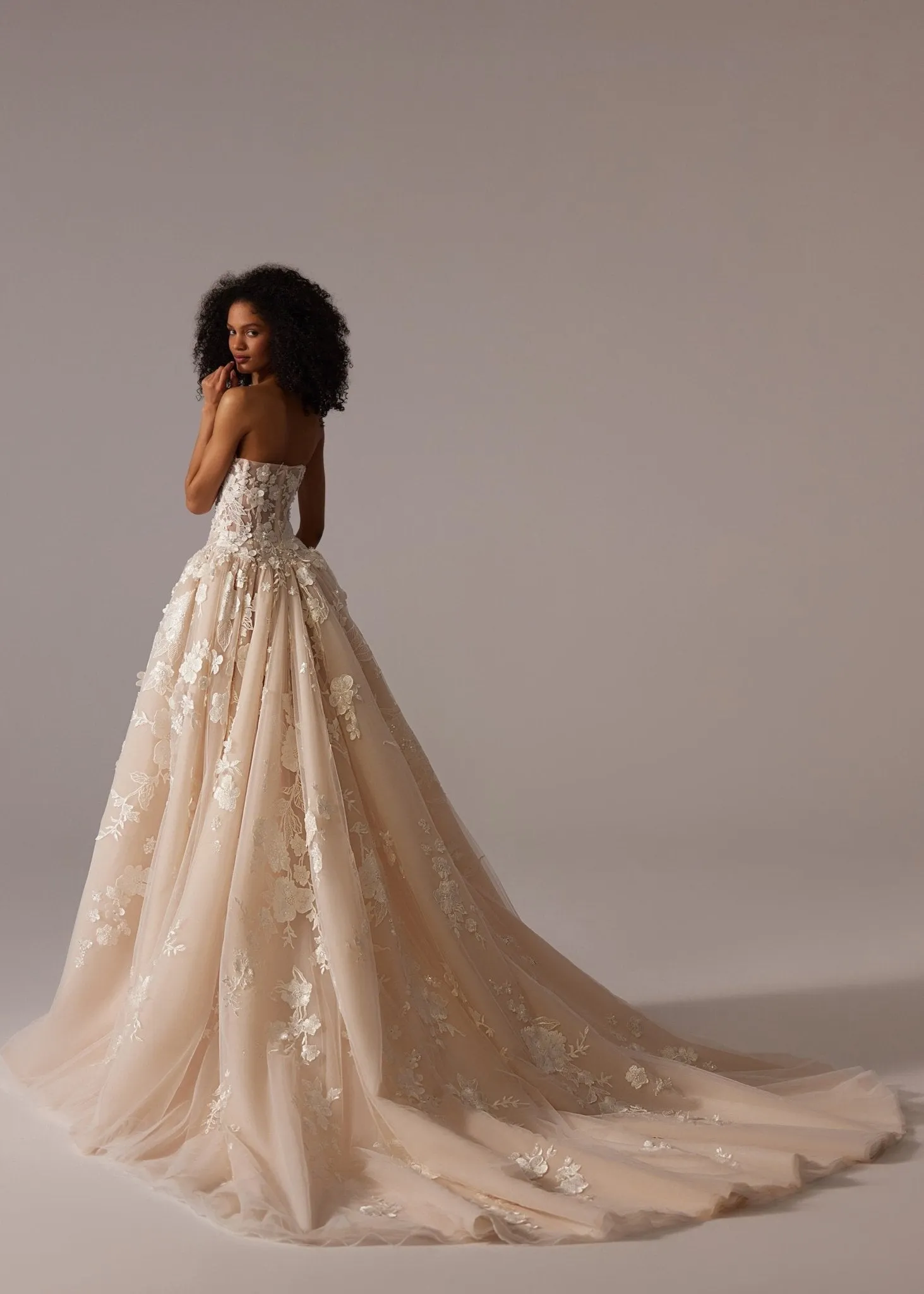White Floral Appliqué Wedding Dress with Sheer Long Sleeves, Off-Shoulder Draping and Floor-Length Train - Plus Size